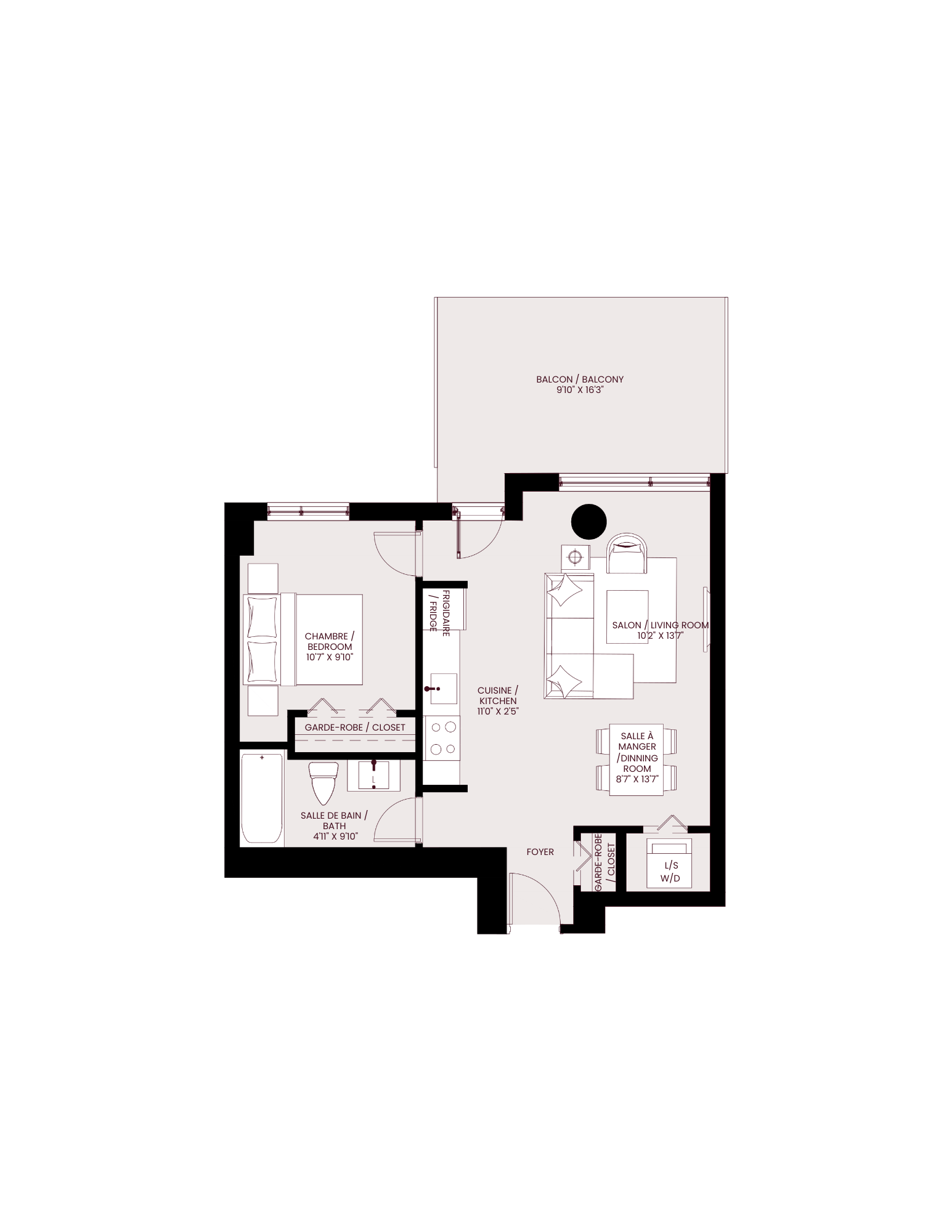 Floor plan for 1 bed, 1 bath, 596 sqft